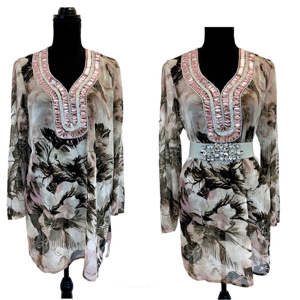Premise brown pink sheer chiffon gem jewelled beach coverup blouse top Sz L 🔥